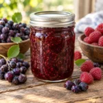 Jar of Saskatoon raspberry jam with Saskatoon berries and raspberries