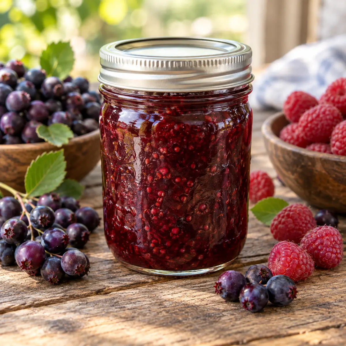 Jar of Saskatoon raspberry jam with Saskatoon berries and raspberries