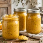 Savoury Yellow Tomato Spread in glass canning jars — home canning recipe