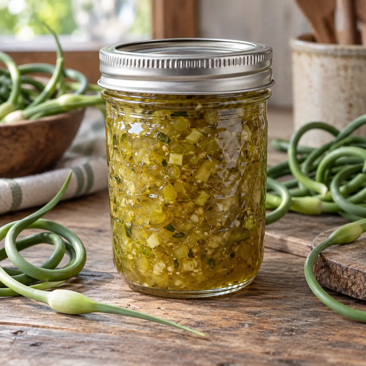 Jar of garlic scapes jam with fresh curled garlic scapes