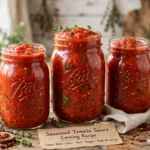 Seasoned Tomato Sauce in glass canning jars — home canning recipe
