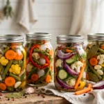 Shirley’s Mixed Vegetable Pickles in glass canning jars — home canning recipe