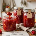Shirley’s Raspberry-Peach Jam in glass canning jars — home canning recipe