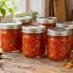 Six small jars of homemade Singapore-style sweet hot chili sauce with red peppers, garlic, ginger and sultana raisins
