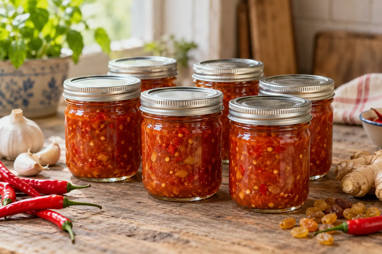 Six small jars of homemade Singapore-style sweet hot chili sauce with red peppers, garlic, ginger and sultana raisins