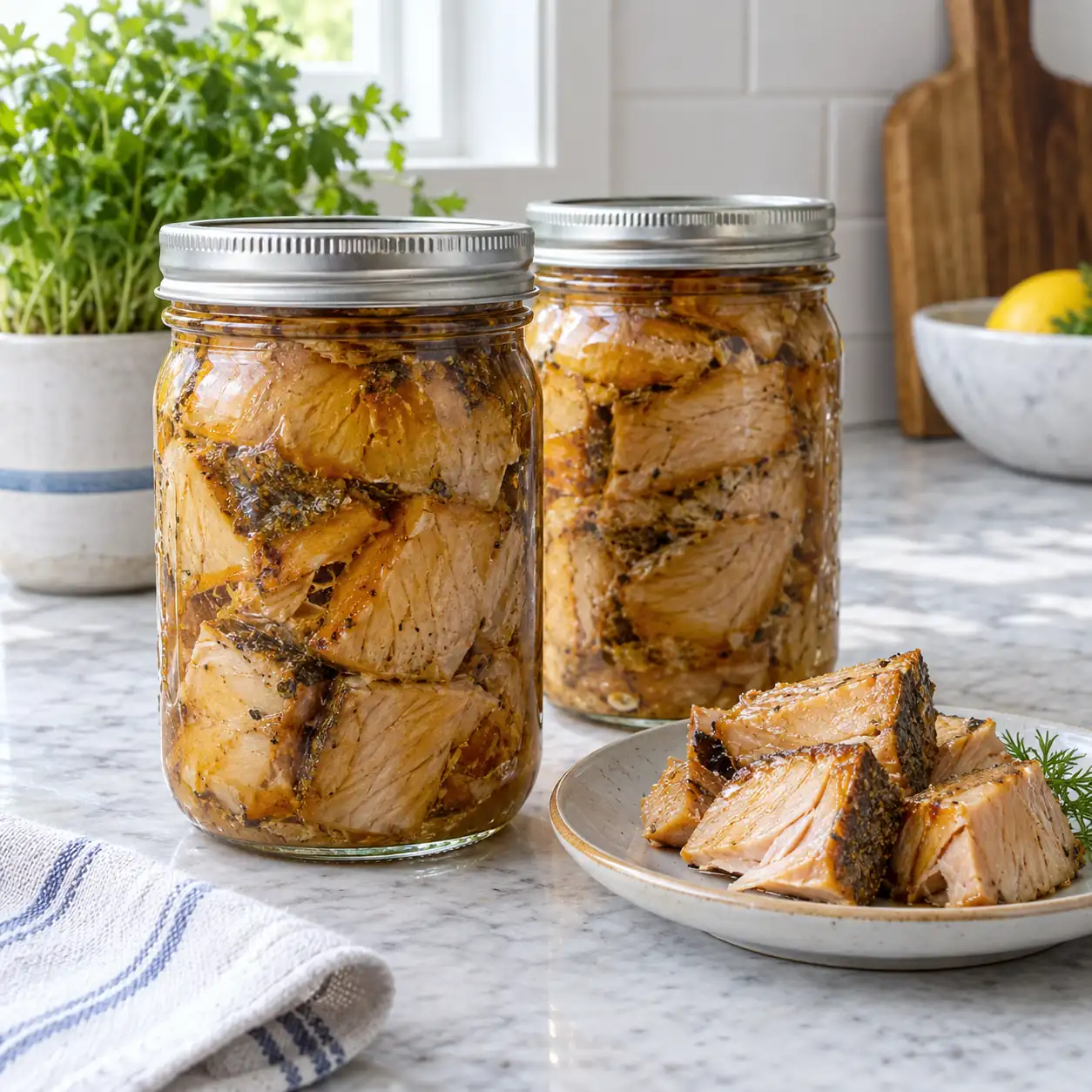 Two sealed pint jars of pressure-canned smoked fish pieces