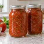Two jars of home-canned spaghetti sauce with ground meat