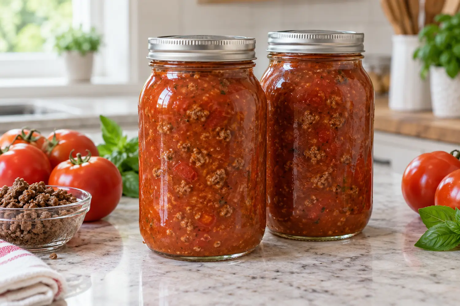 Two jars of home-canned spaghetti sauce with ground meat