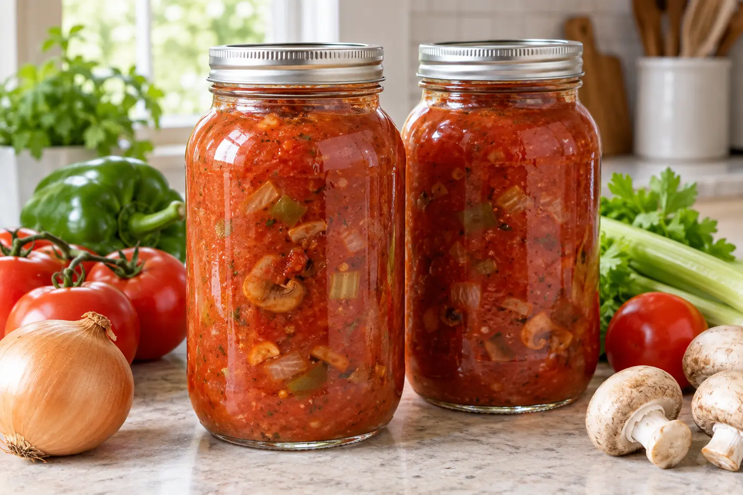 Two jars of meatless home-canned spaghetti sauce with vegetables
