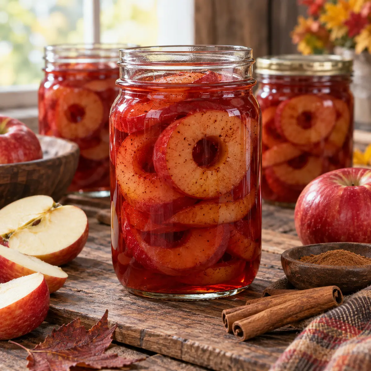 Spiced red apple rings layered in ruby syrup inside glass canning jars