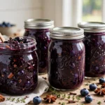 Spiced Blueberry Jam in glass canning jars — home canning recipe