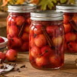 Three sealed pint canning jars filled with whole spiced crabapples in syrup