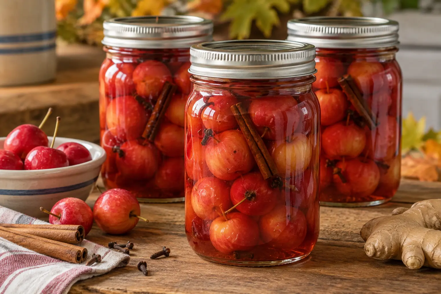 Three sealed pint canning jars filled with whole spiced crabapples in syrup