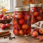 Whole spiced crabapples in glass canning jars with cinnamon and cloves