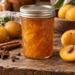 Jar of spiced golden plum jam with golden plums and warm spices