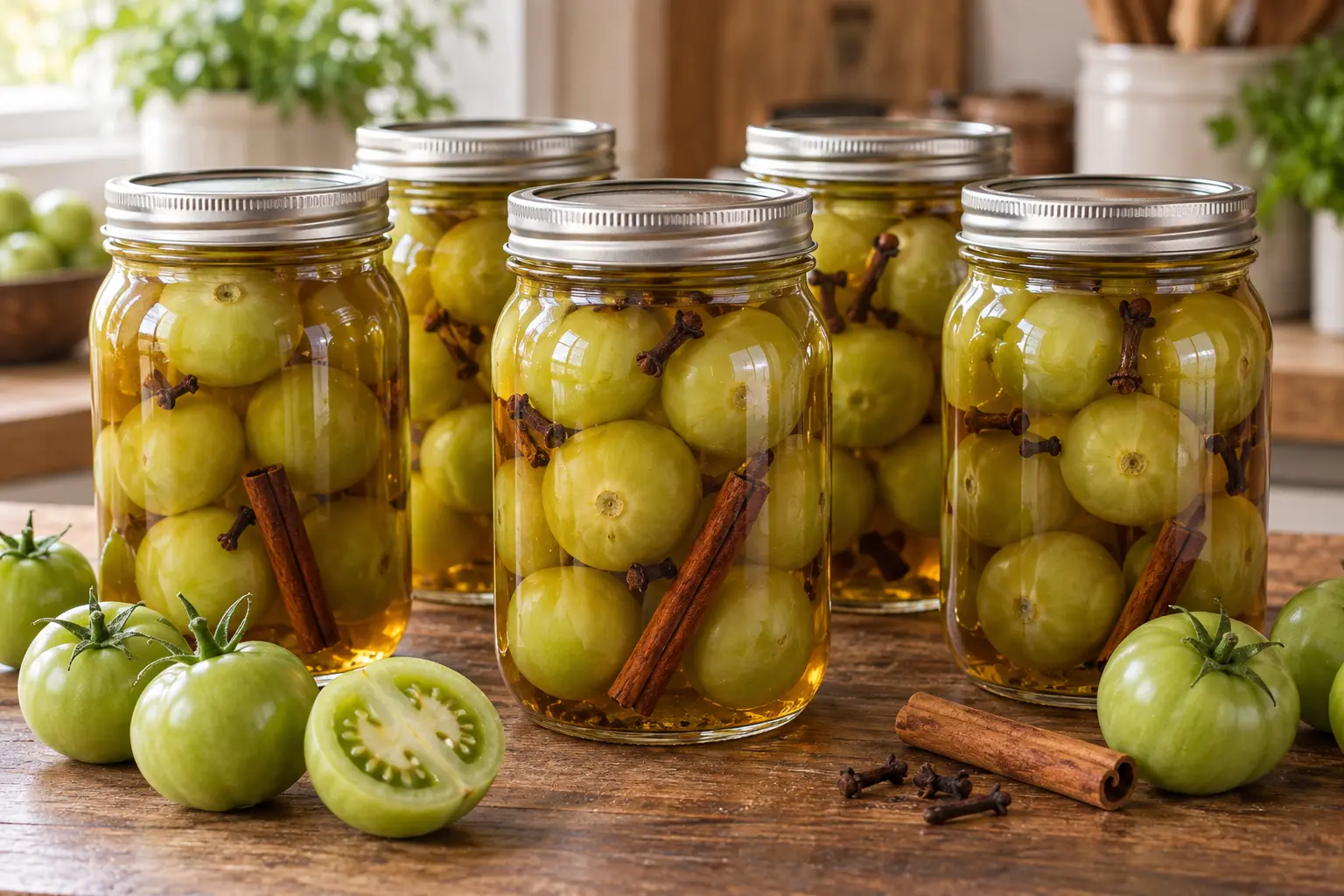 Six sealed pint jars of whole spiced green tomatoes with cinnamon and cloves.