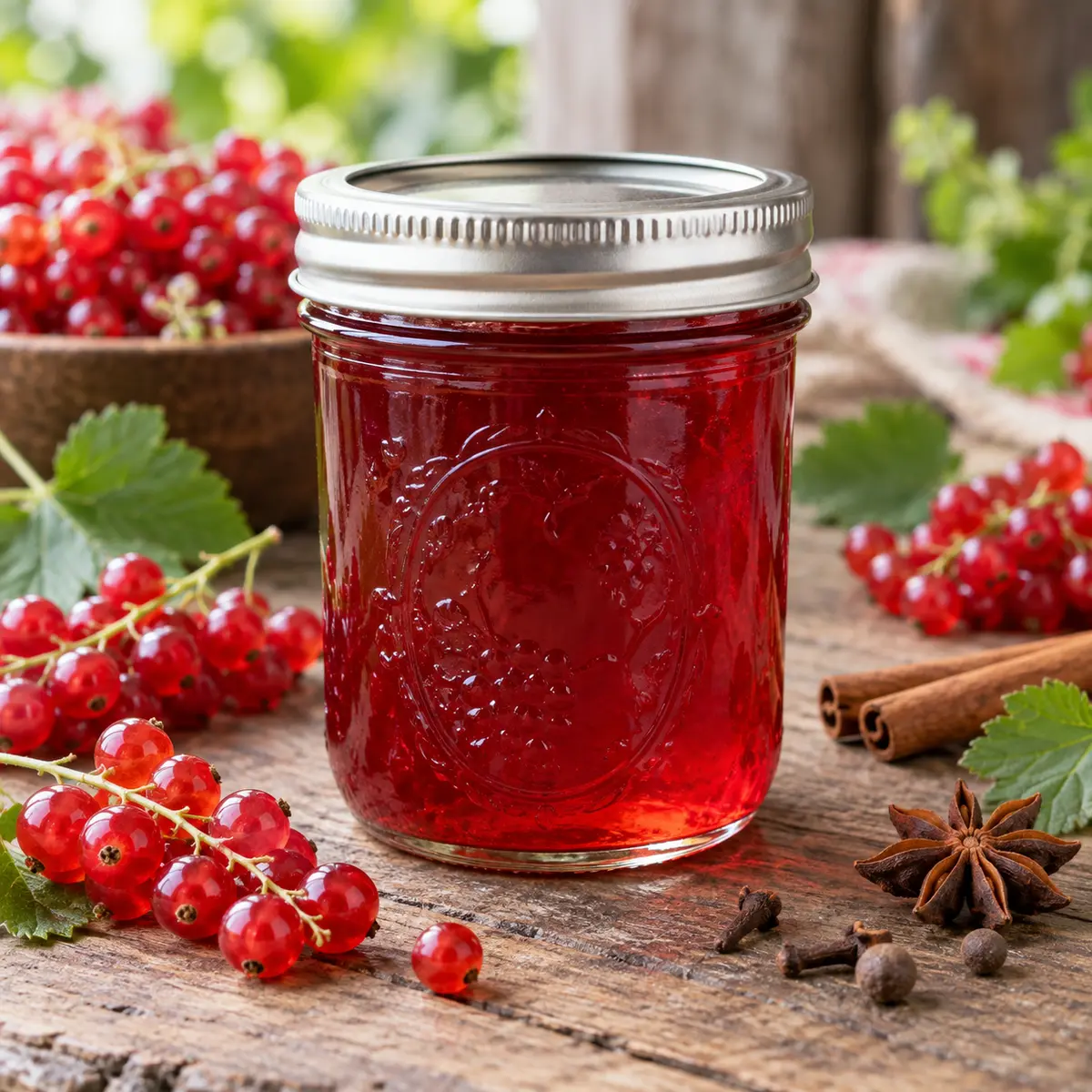 Jar of jewel-red spiced currant jelly with red currants and warm spices