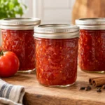 Three sealed jars of spiced tomato jam with ripe tomatoes and whole spices
