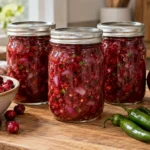 Three jars of ruby cranberry salsa with cranberries, red onion, green Serrano peppers and honey.