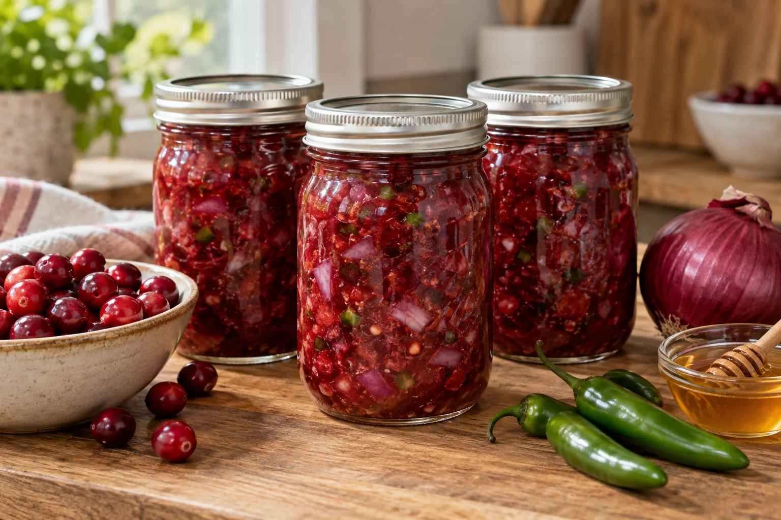 Three jars of ruby cranberry salsa with cranberries, red onion, green Serrano peppers and honey.