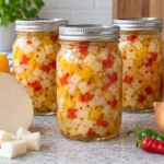 Three jars of diced jicama relish with red and yellow peppers, onion and fresh jicama.