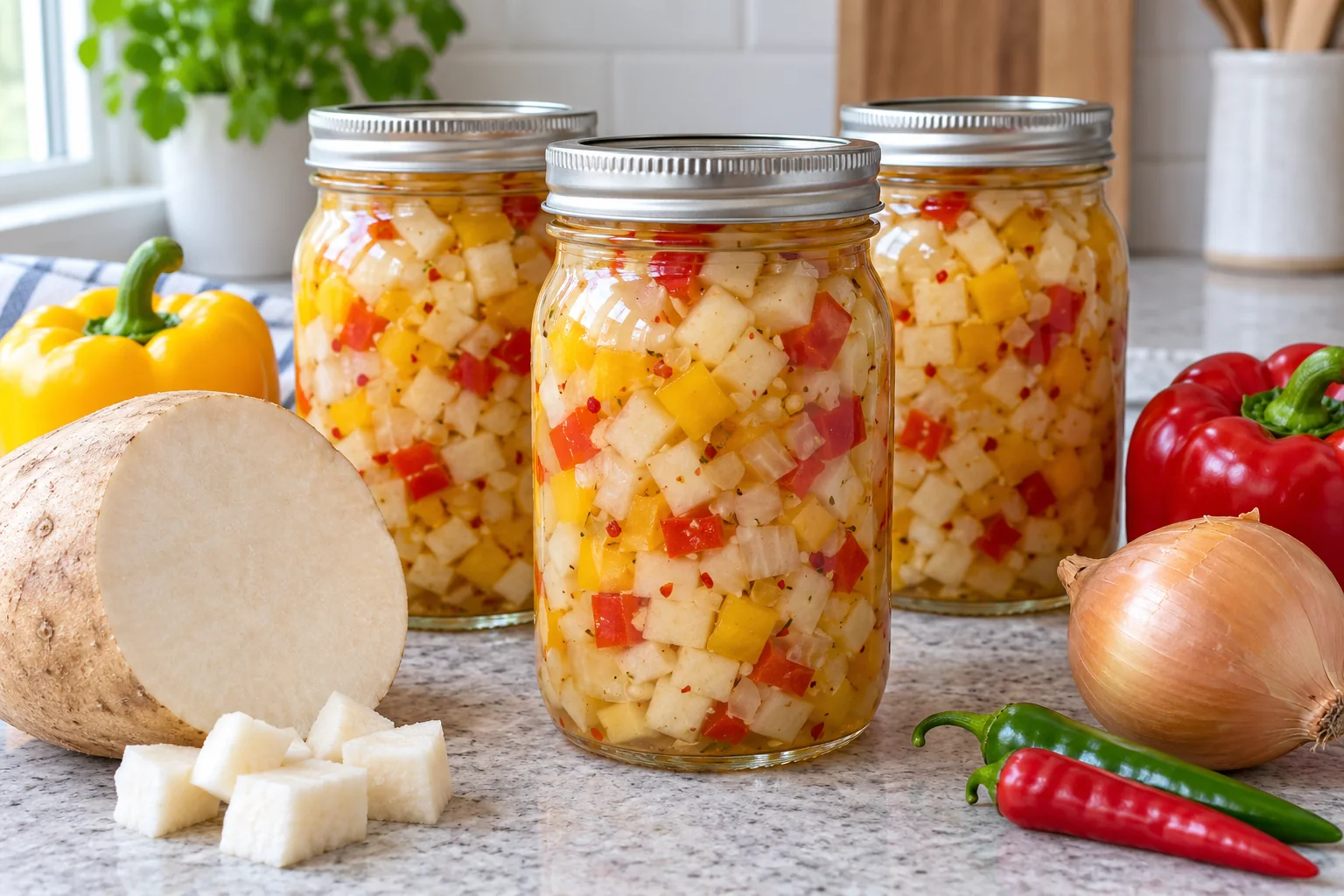 Three jars of diced jicama relish with red and yellow peppers, onion and fresh jicama.