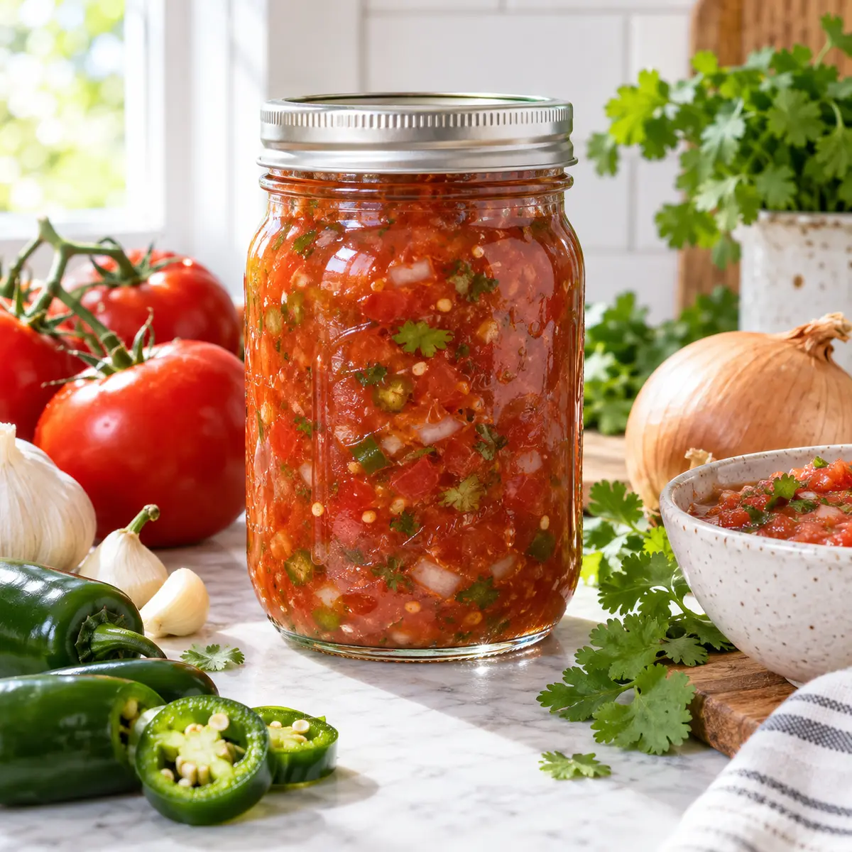 Home-canned spicy tomato salsa in a sealed glass jar with ripe tomatoes, jalapeños, onion, garlic and cilantro.