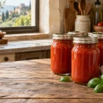 Sealed mason jars of smooth home-canned tomato sauce with ripe tomatoes and basil