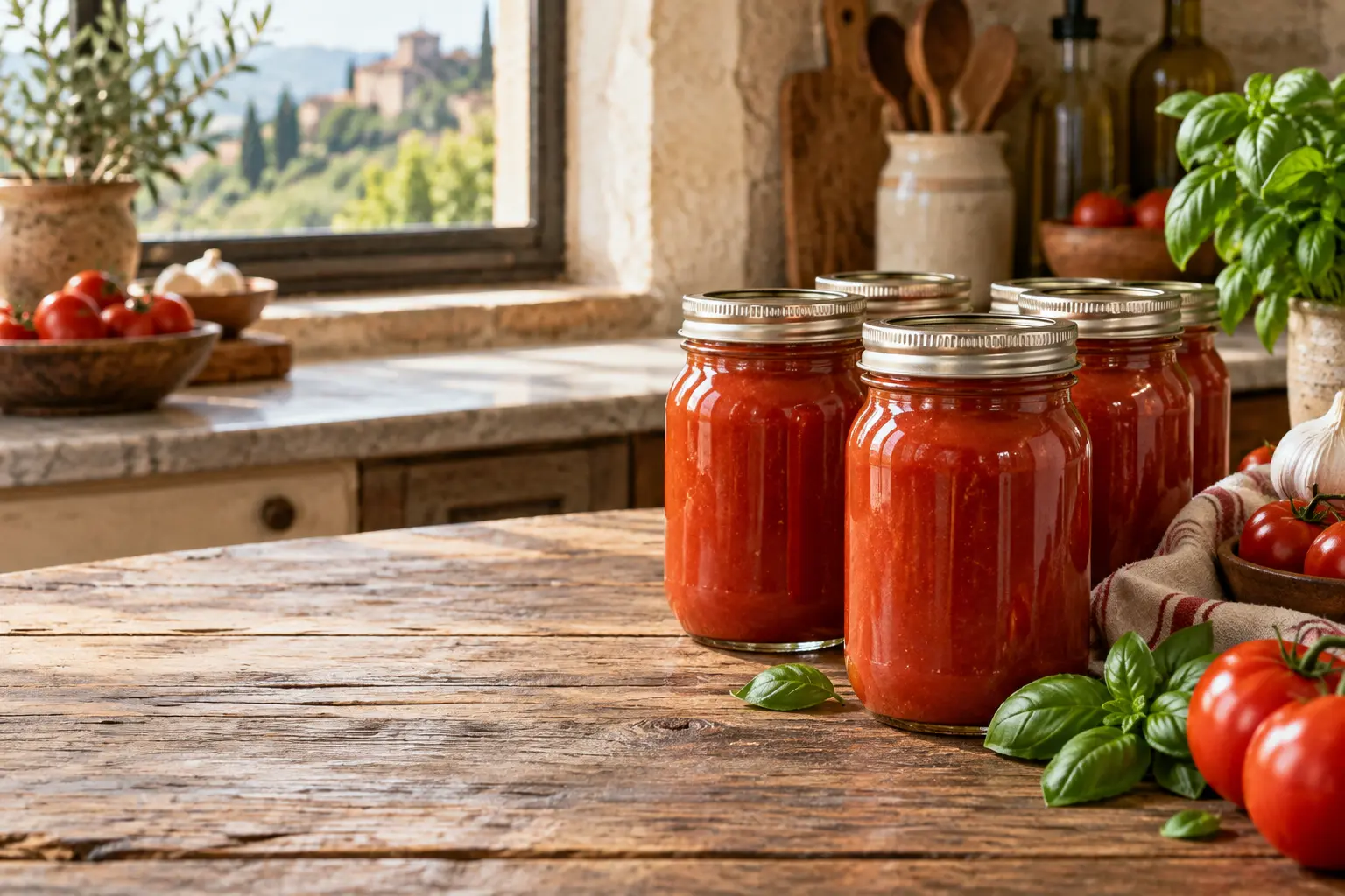 Sealed mason jars of smooth home-canned tomato sauce with ripe tomatoes and basil