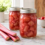 Two sealed jars of home-canned stewed rhubarb with fresh trimmed rhubarb stalks