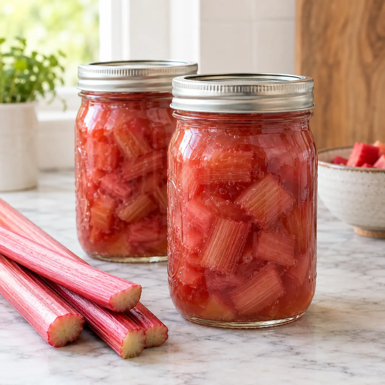 Two sealed jars of home-canned stewed rhubarb with fresh trimmed rhubarb stalks
