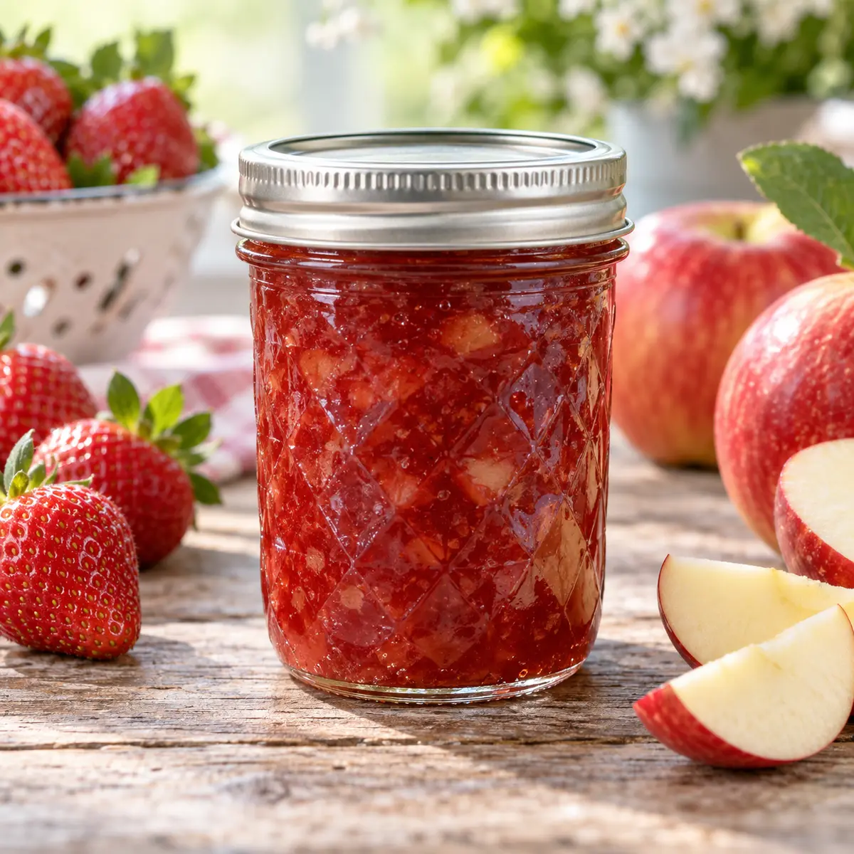Jar of strawberry apple jam with fresh strawberries and apples