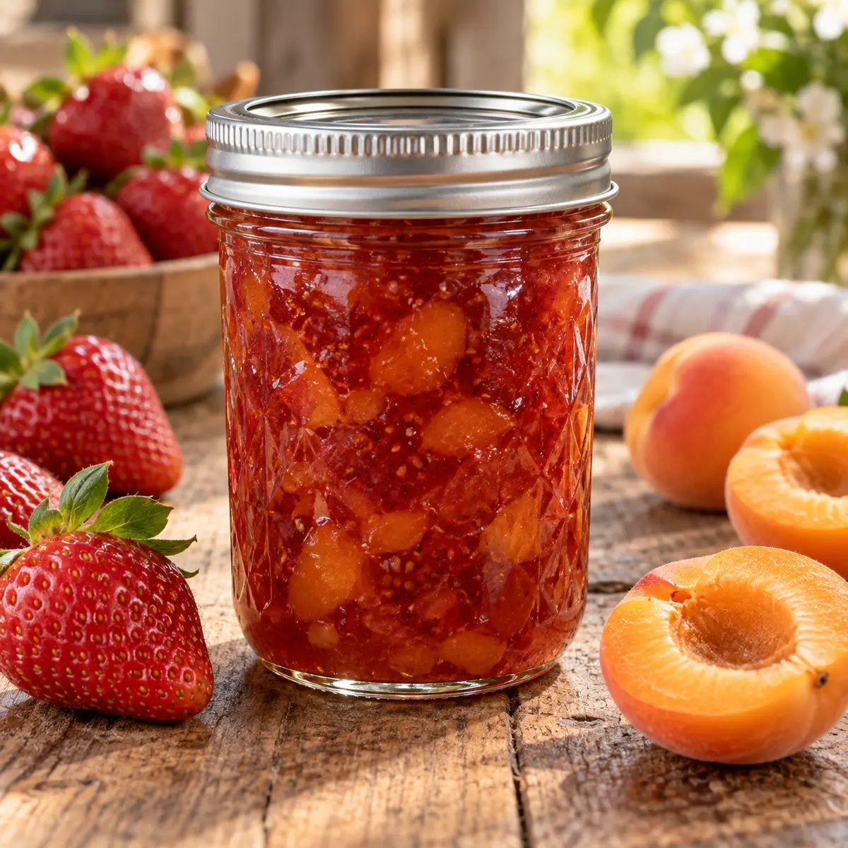 Jar of strawberry apricot conserve with strawberries and apricots