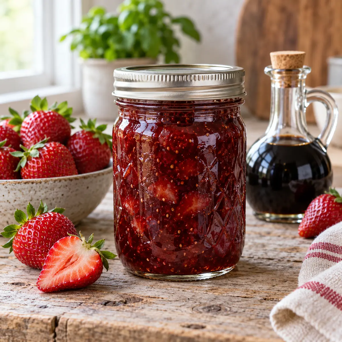 Jar of strawberry balsamic jam with fresh strawberries and balsamic vinegar