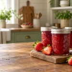 Sealed jars of ruby-red strawberry jam with fresh strawberries in a farmhouse kitchen