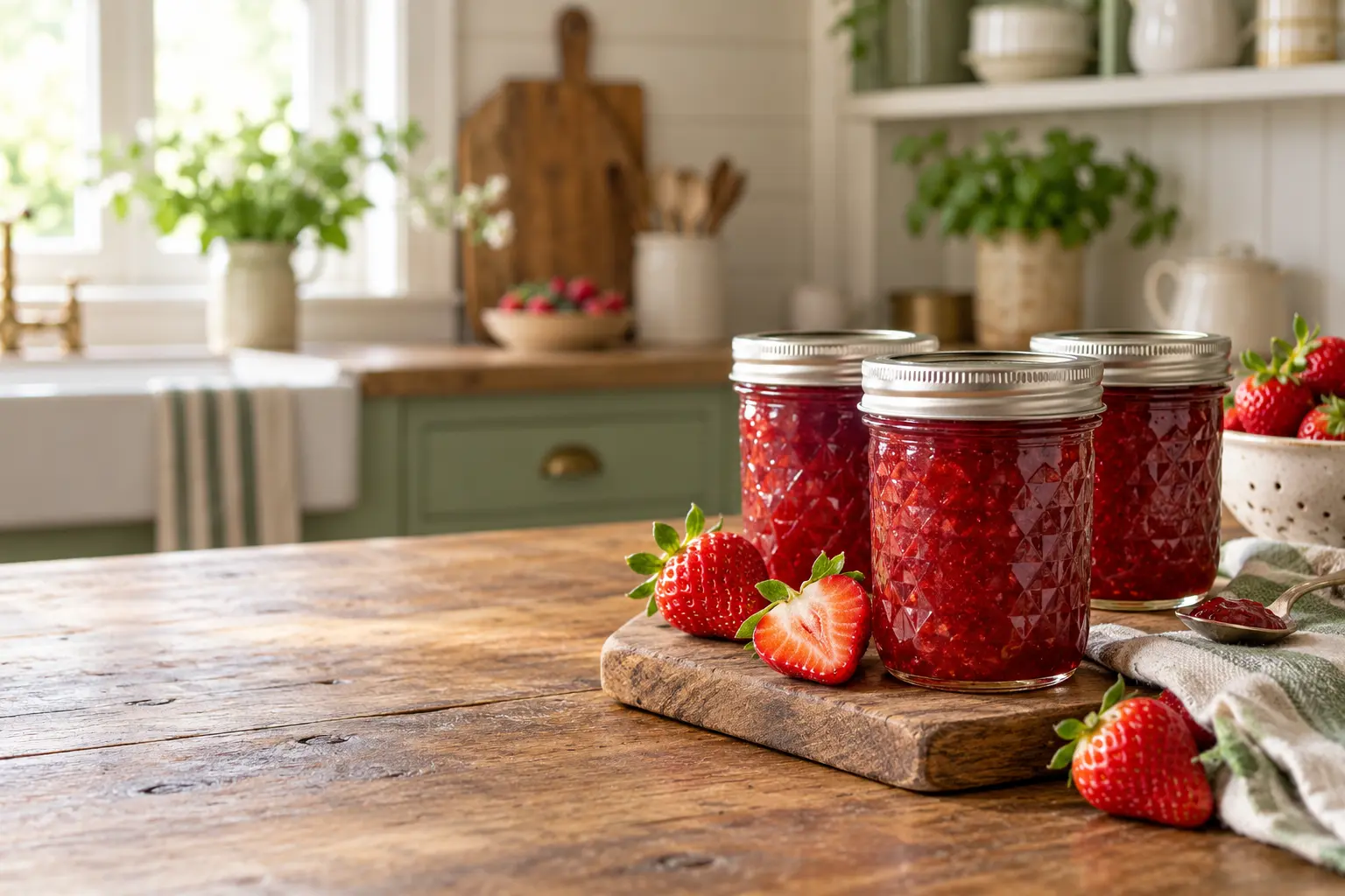 Sealed jars of ruby-red strawberry jam with fresh strawberries in a farmhouse kitchen