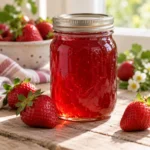Jar of clear red strawberry jelly with fresh strawberries