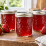 Three sealed jars of clear jewel-red strawberry jelly with fresh strawberries