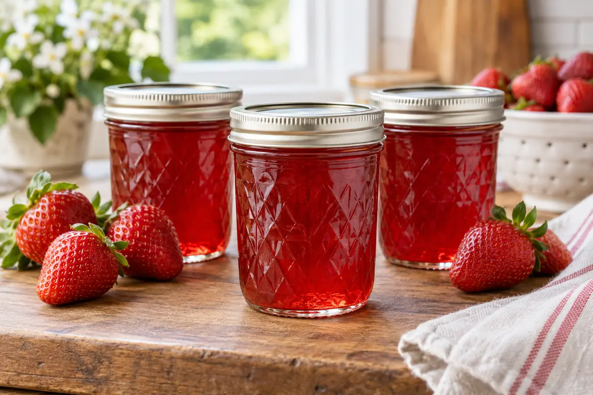 Three sealed jars of clear jewel-red strawberry jelly with fresh strawberries