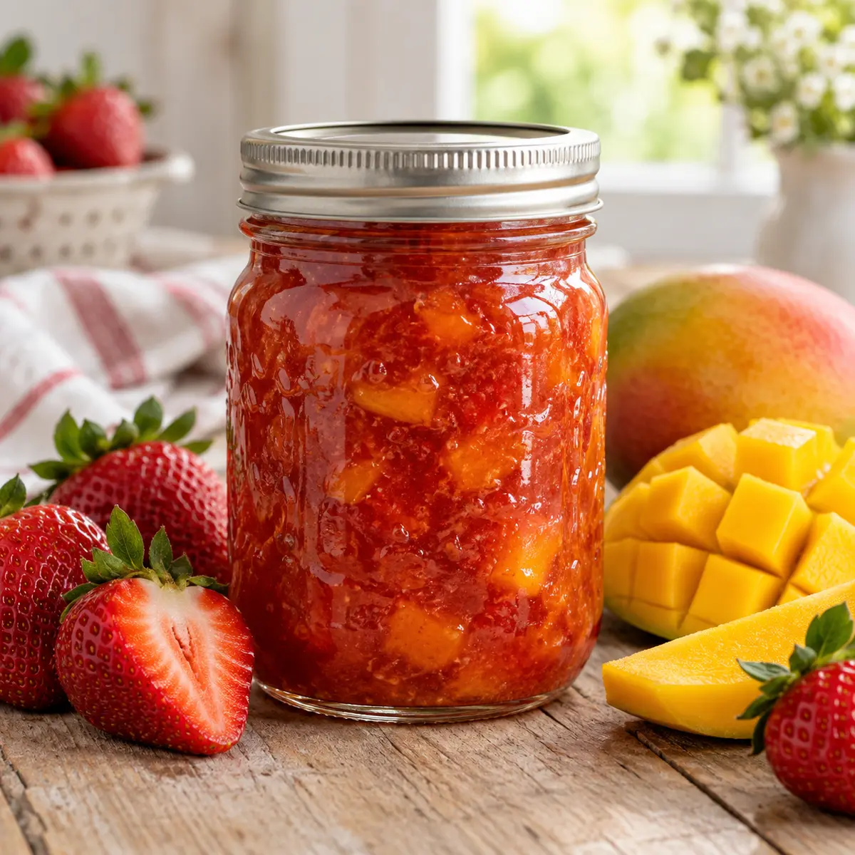 Jar of strawberry mango jam with fresh strawberries and mango