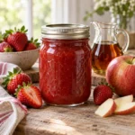 Jar of strawberry maple spread with strawberries, maple syrup, and apple
