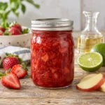 Jar of strawberry margarita preserve with strawberries, lime, and apple