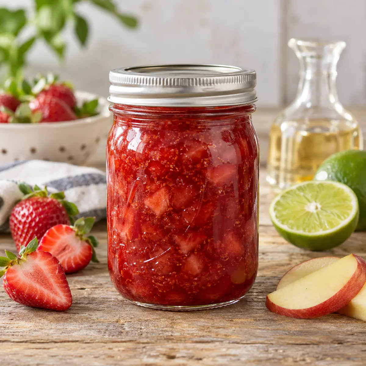 Jar of strawberry margarita preserve with strawberries, lime, and apple