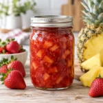 Jar of strawberry pineapple jam with fresh strawberries and pineapple