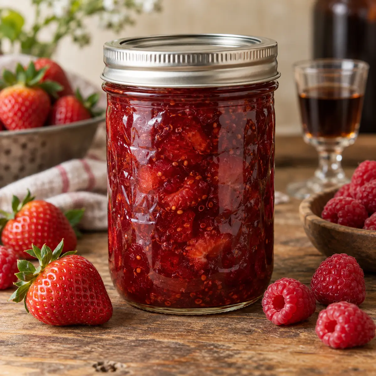 Jar of strawberry raspberry preserve with fresh strawberries and raspberries