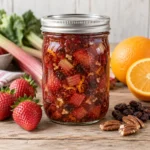 Jar of strawberry rhubarb conserve with orange, raisins, and pecans