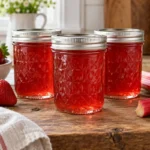 Three sealed jars of strawberry-rhubarb jelly with strawberries and rhubarb stalks