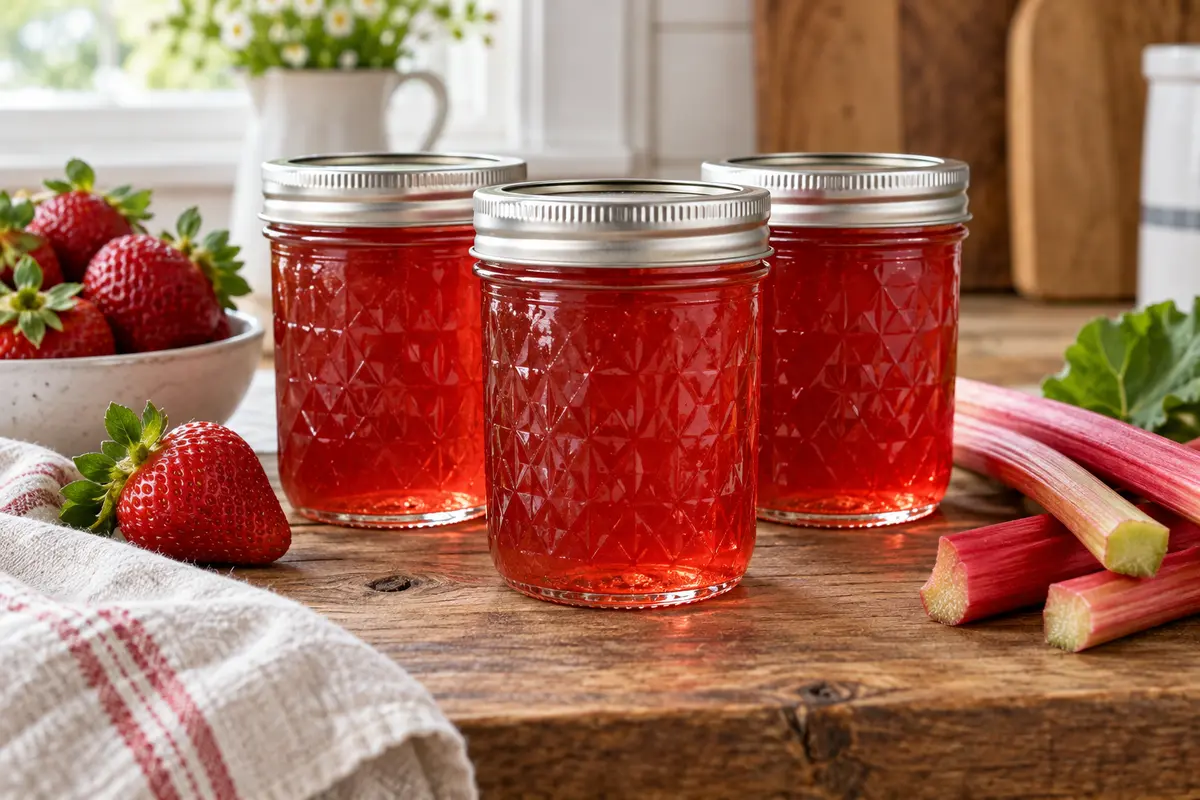 Three sealed jars of strawberry-rhubarb jelly with strawberries and rhubarb stalks