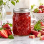 Jar of strawberry rhubarb jam with fresh strawberries, rhubarb, and mint