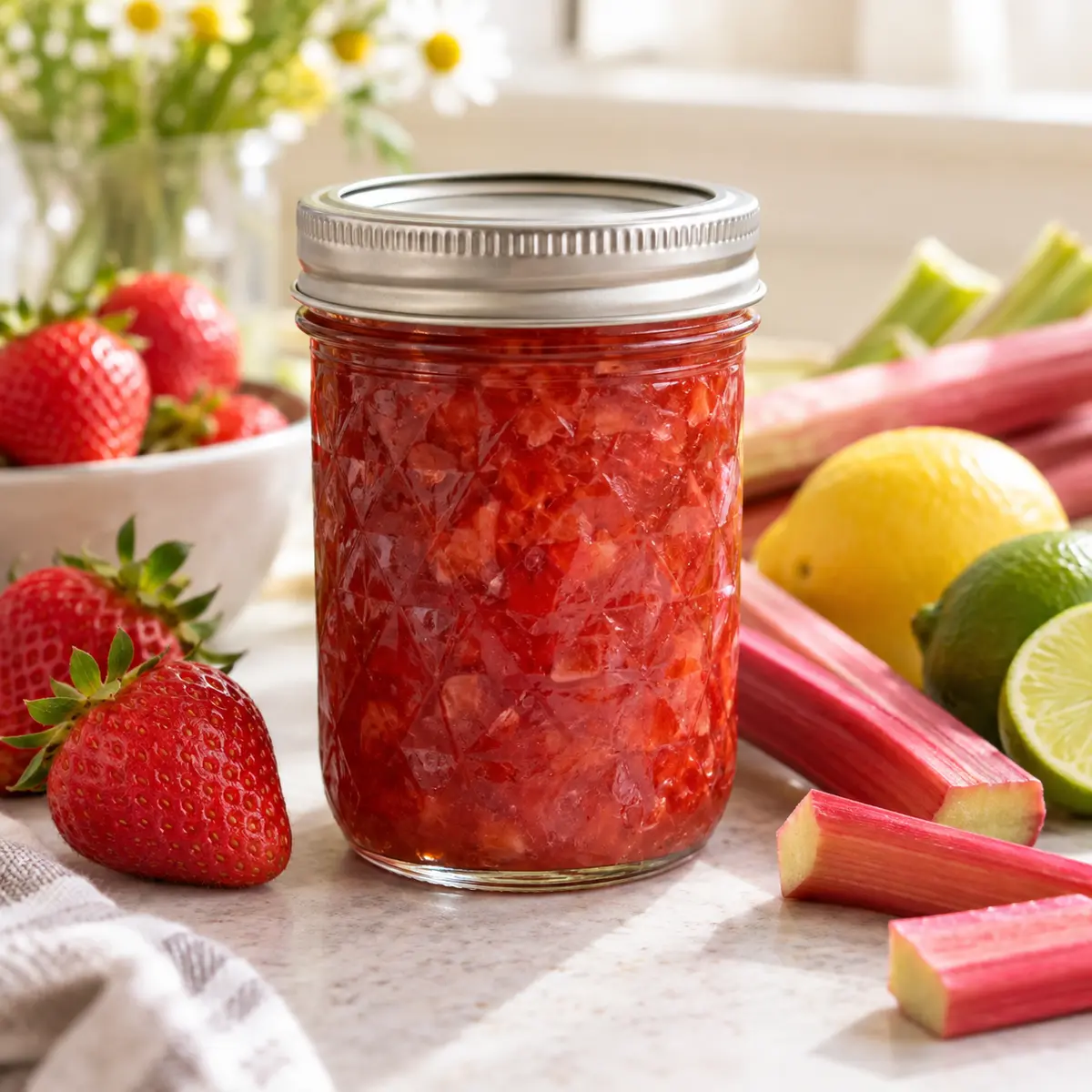Jar of strawberry rhubarb jam with strawberries, rhubarb, lemon, and lime